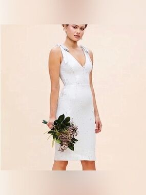 DRESS THE POPULATION Mary White Sequin Tie-Shoulder Dress